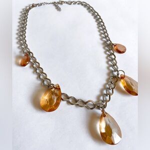 Vintage Y2K Fairy Enchanted Amber Teardrop Rhinestone Silver Chain Necklace